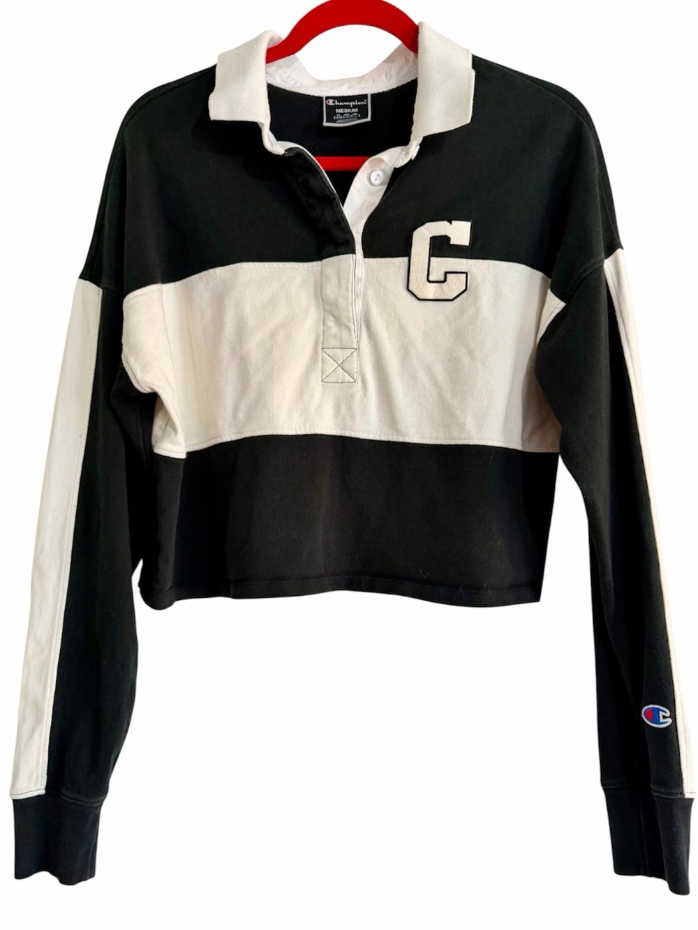 Champion Cropped Rugby Shirt Top C Felt Logo Sz Medium Black White Long Sleeve
